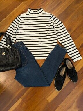 Maison Jules Black & White Striped Mock Neck Sweater